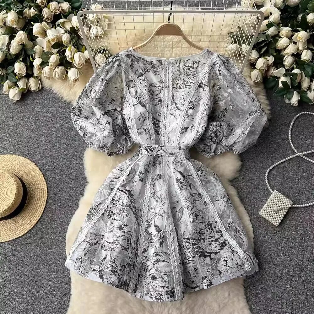 Flower  French V-Neck Puff Sleeve Dress