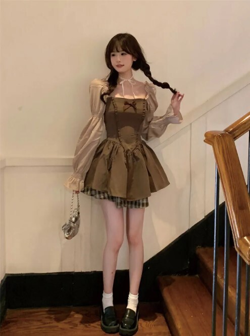 Korean Style Kawaii Brown Mini Dress