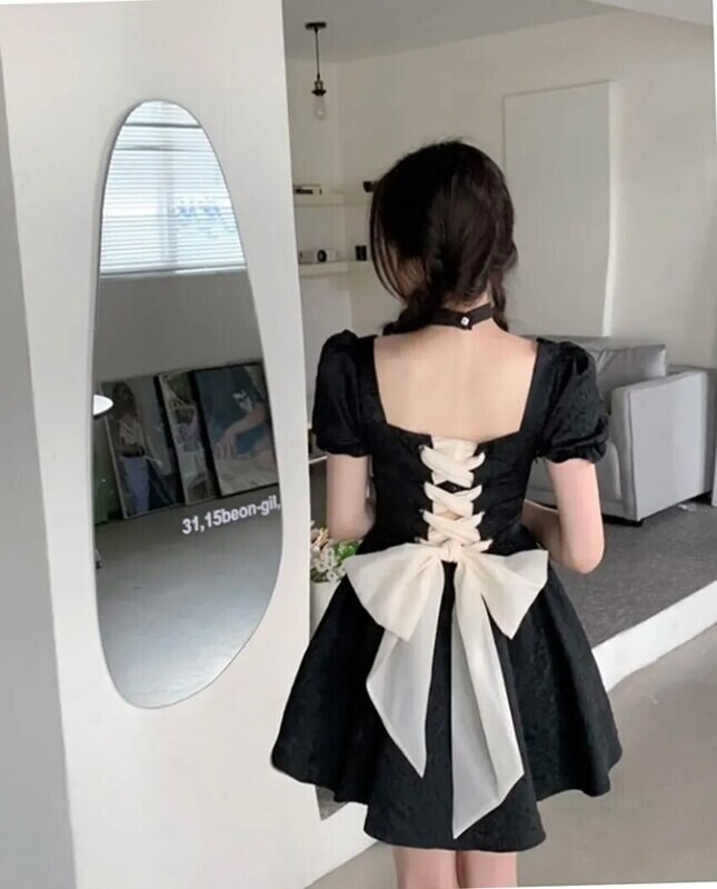 Puff Sleeve Lace up Bow Lolita Gothic Dress