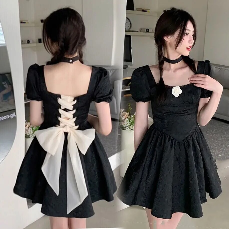 Puff Sleeve Lace up Bow Lolita Gothic Dress