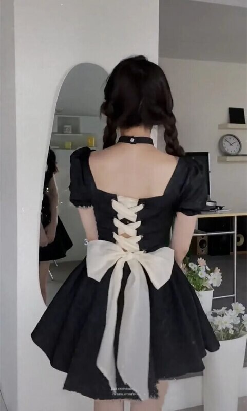 Puff Sleeve Lace up Bow Lolita Gothic Dress