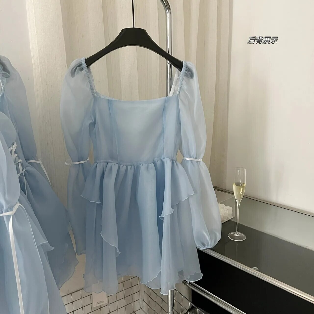 Square Collar Long Sleeve Lace Up High Waisted Dress