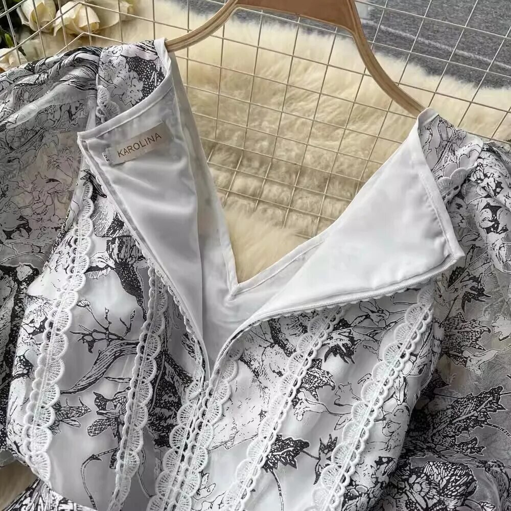 Flower  French V-Neck Puff Sleeve Dress