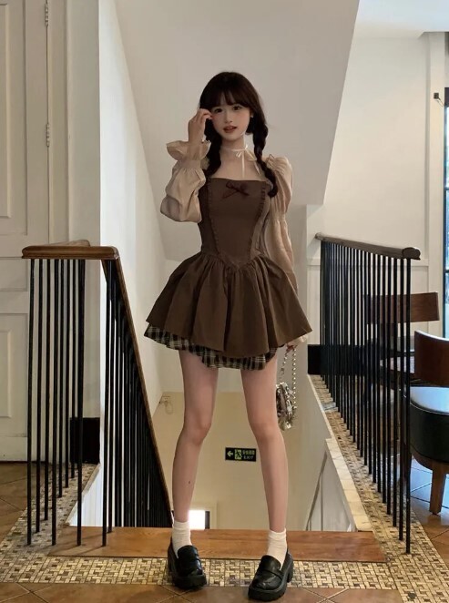 Korean Style Kawaii Brown Mini Dress