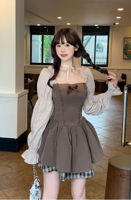 Korean Style Kawaii Brown Mini Dress