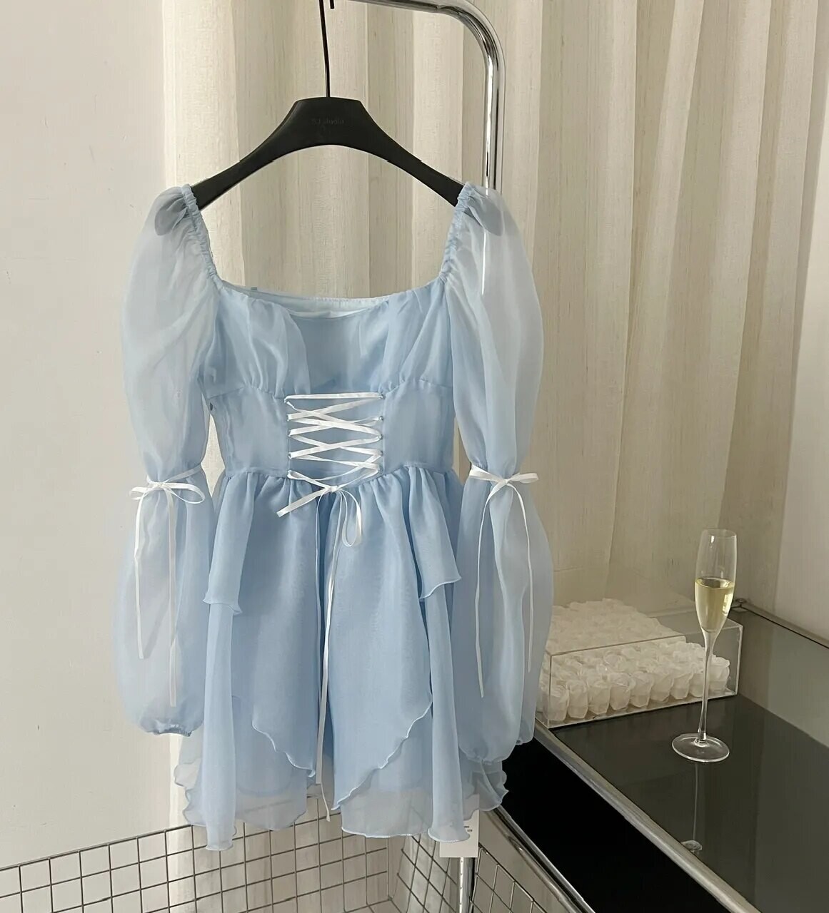 Square Collar Long Sleeve Lace Up High Waisted Dress