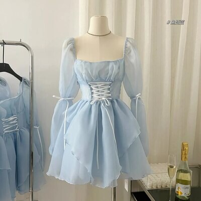 Square Collar Long Sleeve Lace Up High Waisted Dress