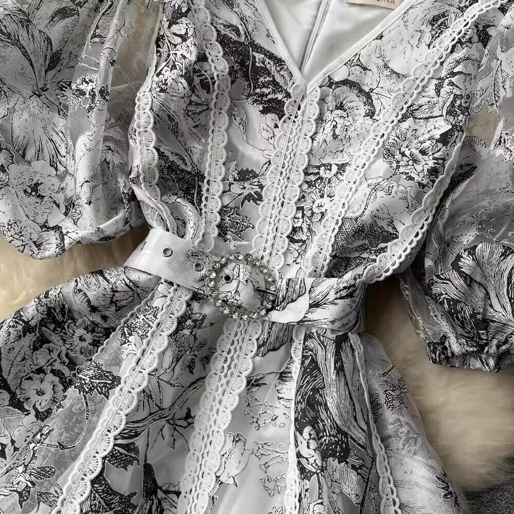 Flower  French V-Neck Puff Sleeve Dress