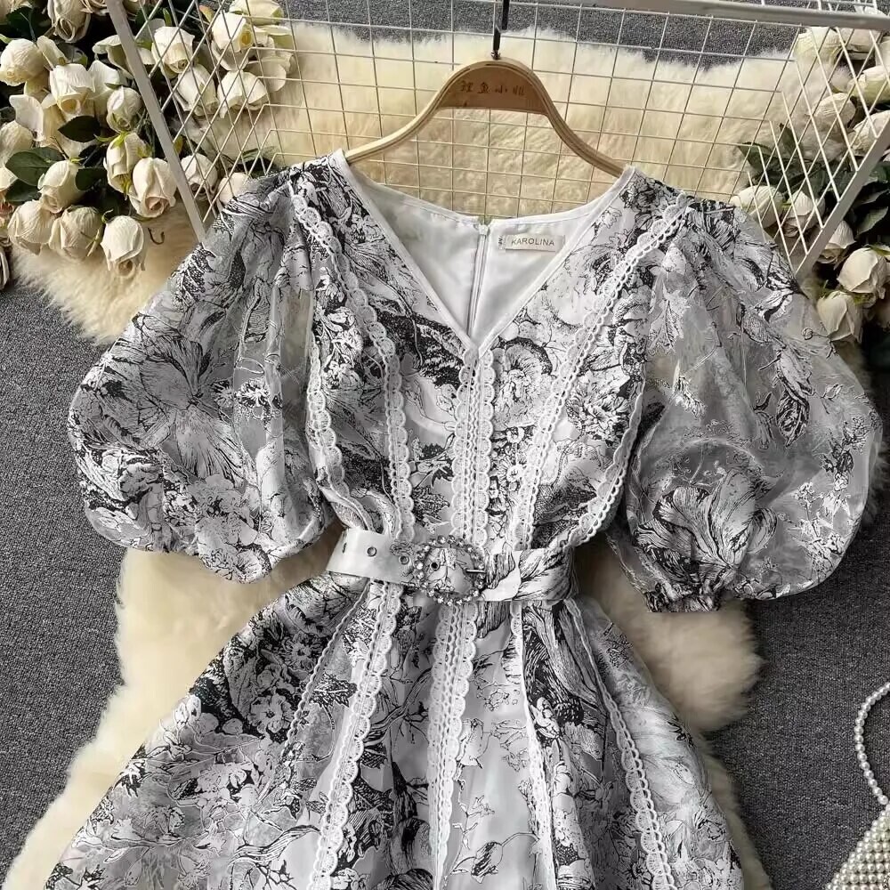Flower  French V-Neck Puff Sleeve Dress