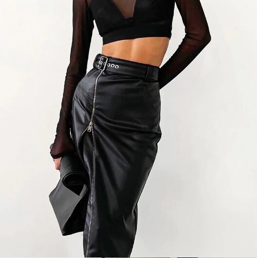 Black PU Leather High Waist Side Zip Skirt