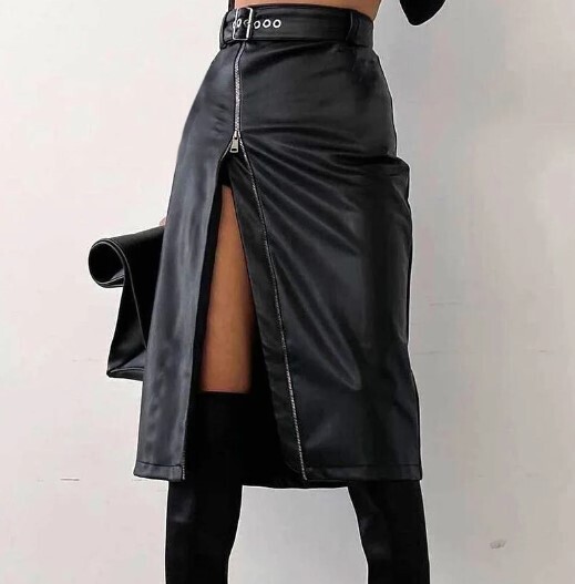 Black PU Leather High Waist Side Zip Skirt