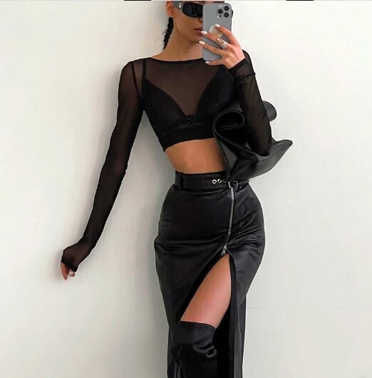 Black PU Leather High Waist Side Zip Skirt
