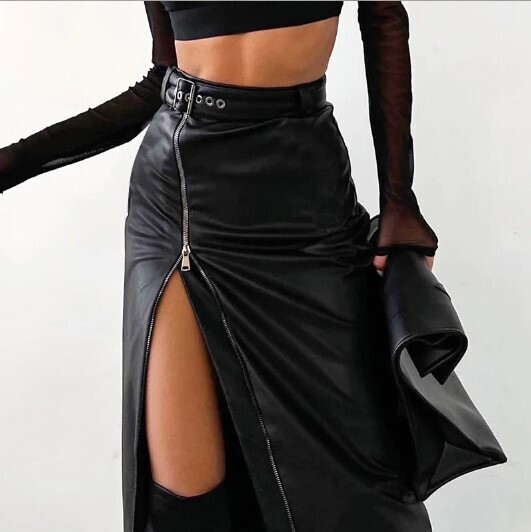 Black PU Leather High Waist Side Zip Skirt