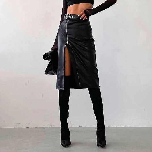 Black PU Leather High Waist Side Zip Skirt