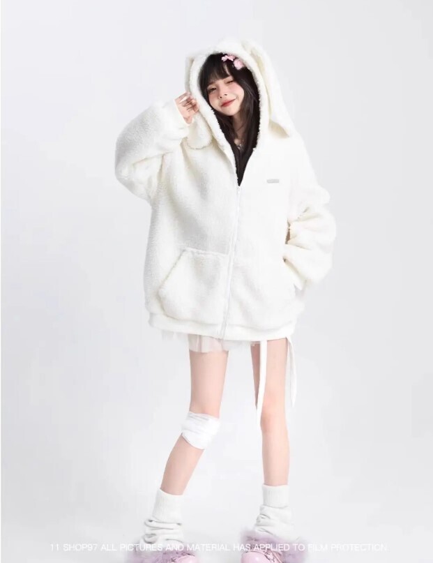 Bunny Ears Autumn and Winter Lamb Velvet Hooded