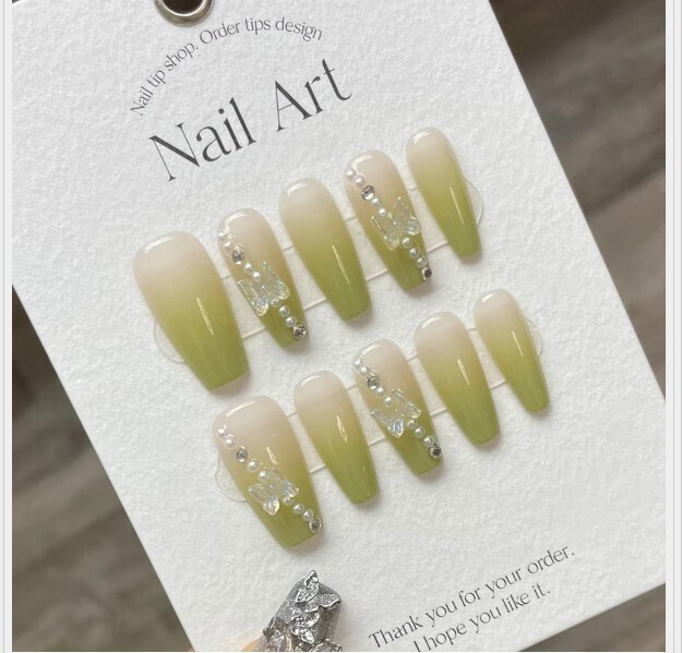 Handmade 3D Green Fairy Press on Nails with Glue