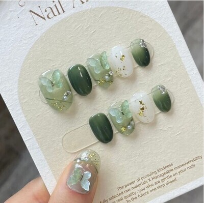 Handmade 3D Green Fairy Press on Nails with Glue