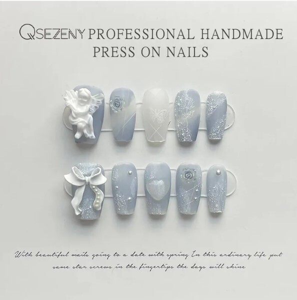 10Pcs Blue Bow and Flowers Handmade Press On Nails