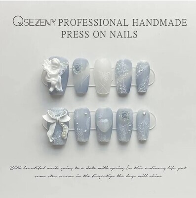 10Pcs Blue Bow and Flowers Handmade Press On Nails