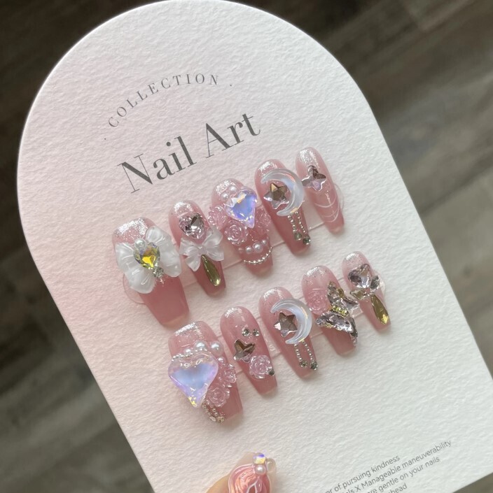 Dreamy 10Pcs Sweet Pink Handmade Press On Nails