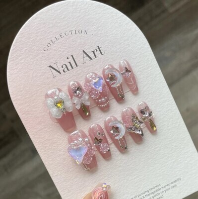Dreamy 10Pcs Sweet Pink Handmade Press On Nails