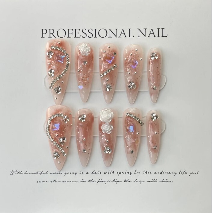 10Pcs Camellia Handmade Almond Press On Nails with Rhinestones