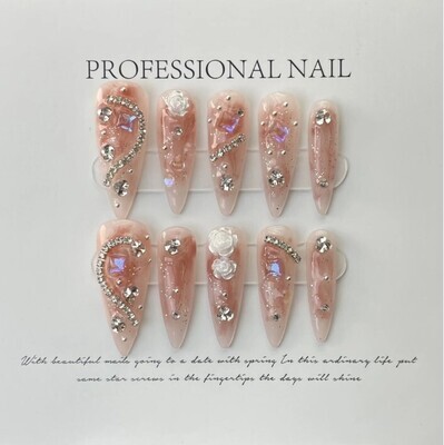 10Pcs Camellia Handmade Almond Press On Nails with Rhinestones