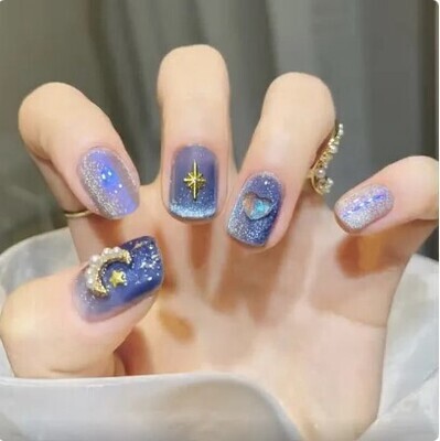 Blue Star and Moon Press on Nails