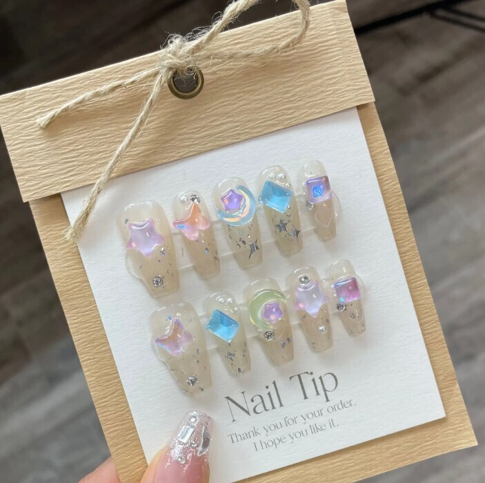 10Pcs Set Kawaii Stars and Moon False Nails with Rhinestones