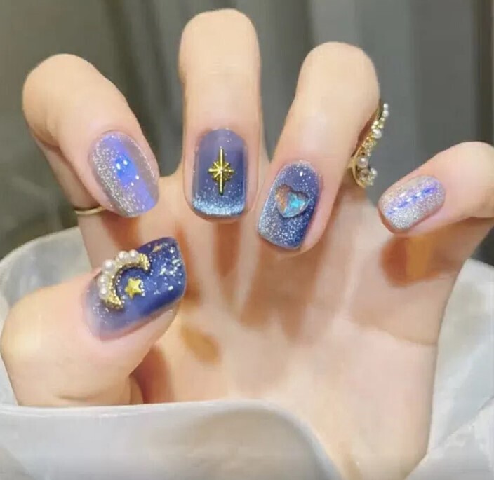 Blue Star and Moon Press on Nails