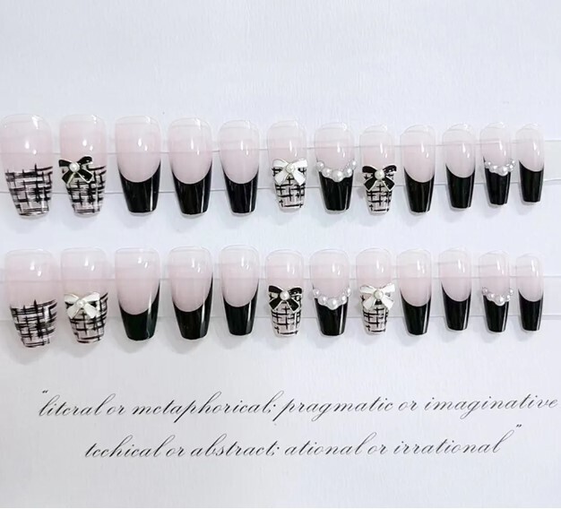 Gorgeous French False Nails with Bow and Pearl Decor