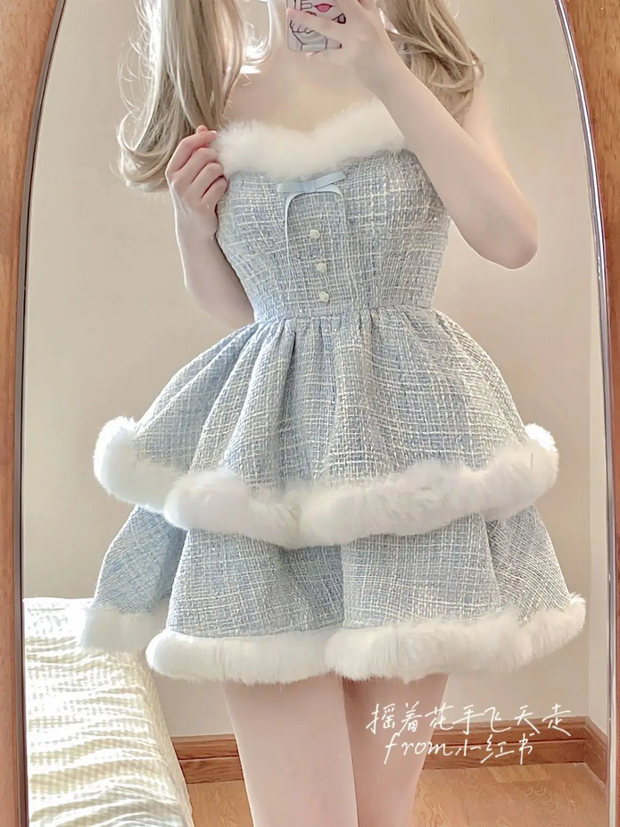 Japanese Kawaii  Elegant Tweed Plaid Dress Sets Women