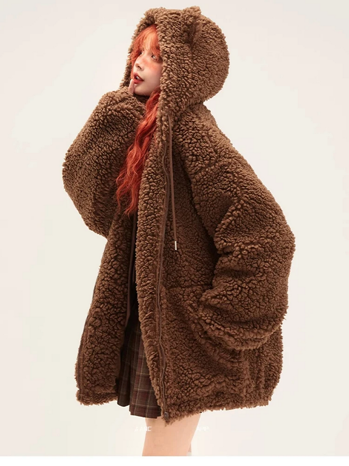 Oversized Sweet Cute Kawaii Brown Warm Fuzzy Faux Fur Bear Hoodie