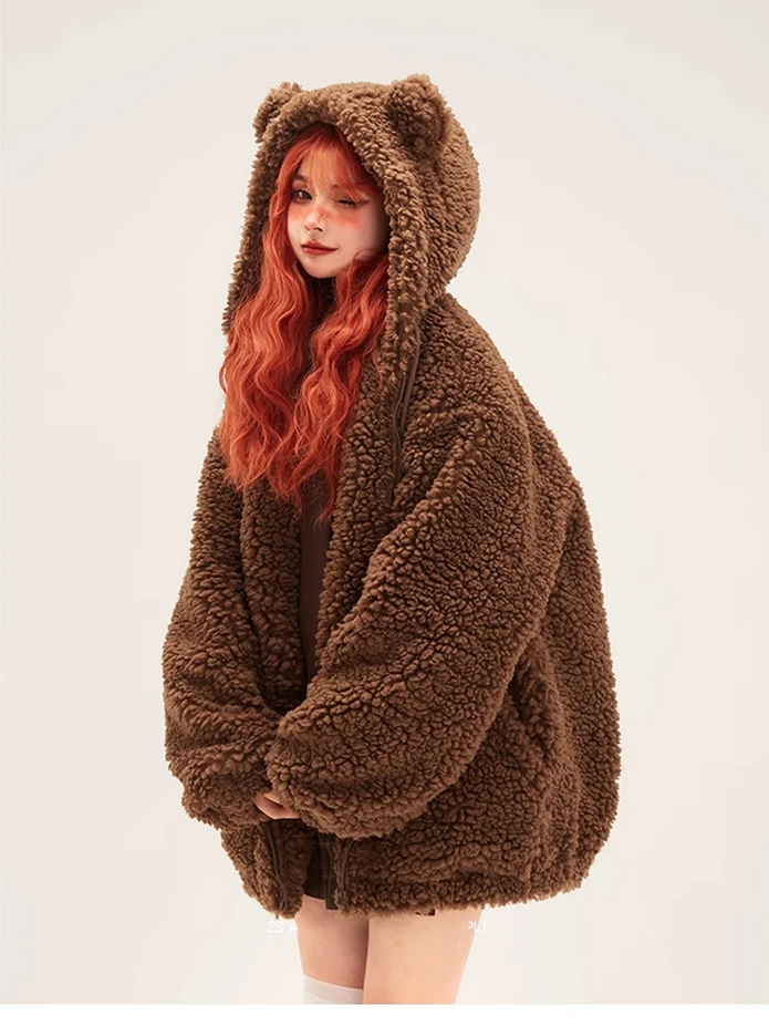 Oversized Sweet Cute Kawaii Brown Warm Fuzzy Faux Fur Bear Hoodie