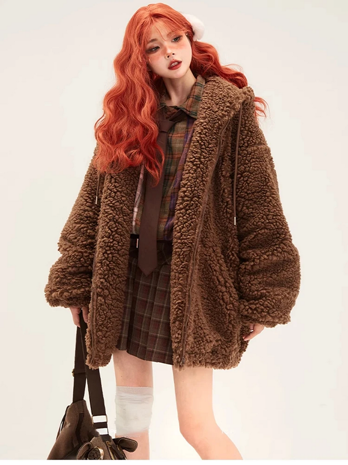 Oversized Sweet Cute Kawaii Brown Warm Fuzzy Faux Fur Bear Hoodie