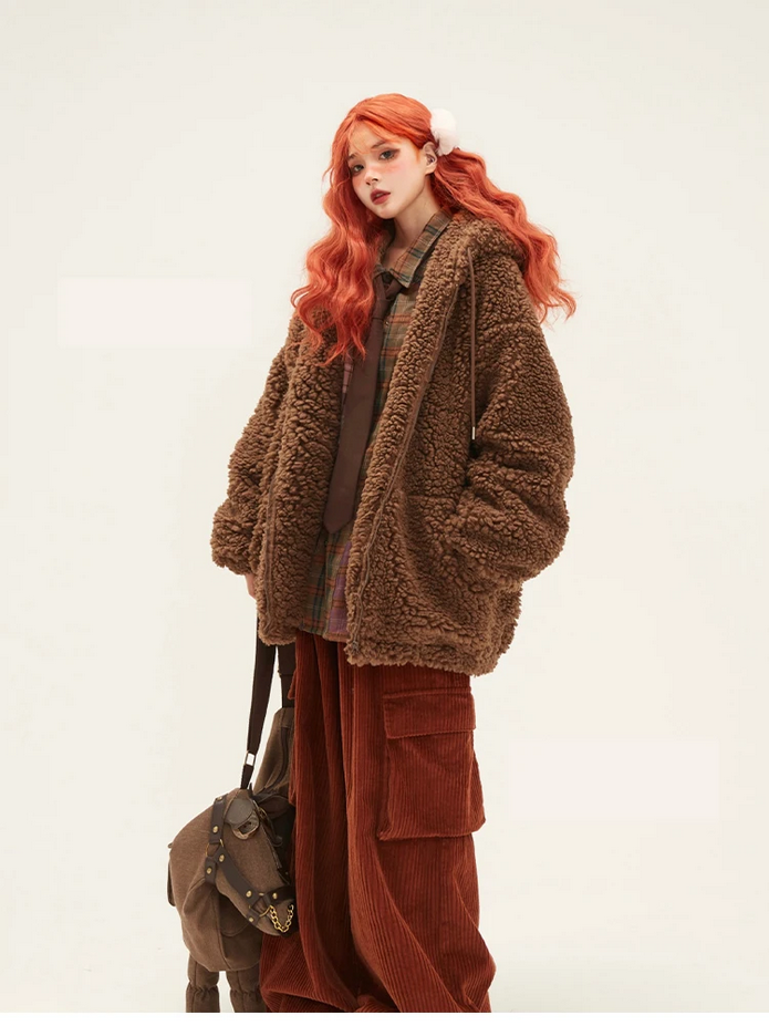 Oversized Sweet Cute Kawaii Brown Warm Fuzzy Faux Fur Bear Hoodie