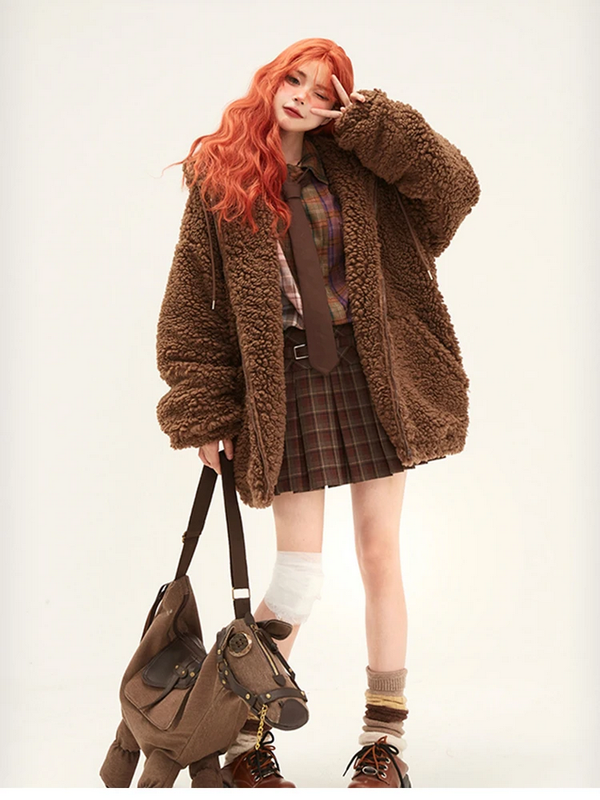 Oversized Sweet Cute Kawaii Brown Warm Fuzzy Faux Fur Bear Hoodie