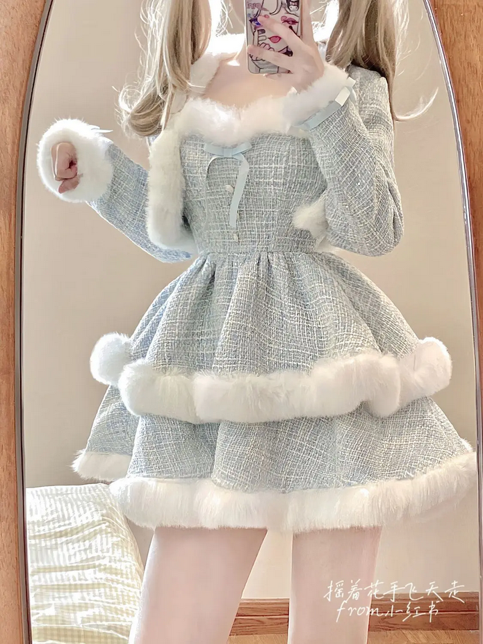 Japanese Kawaii  Elegant Tweed Plaid Dress Sets Women