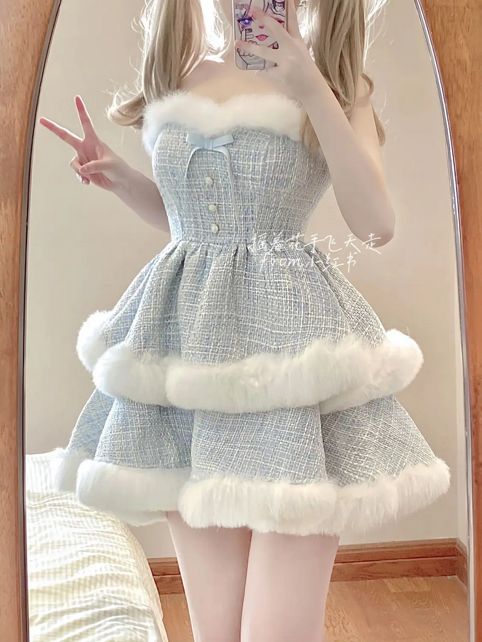 Japanese Kawaii  Elegant Tweed Plaid Dress Sets Women