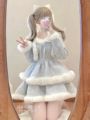 Japanese Kawaii  Elegant Tweed Plaid Dress Sets Women