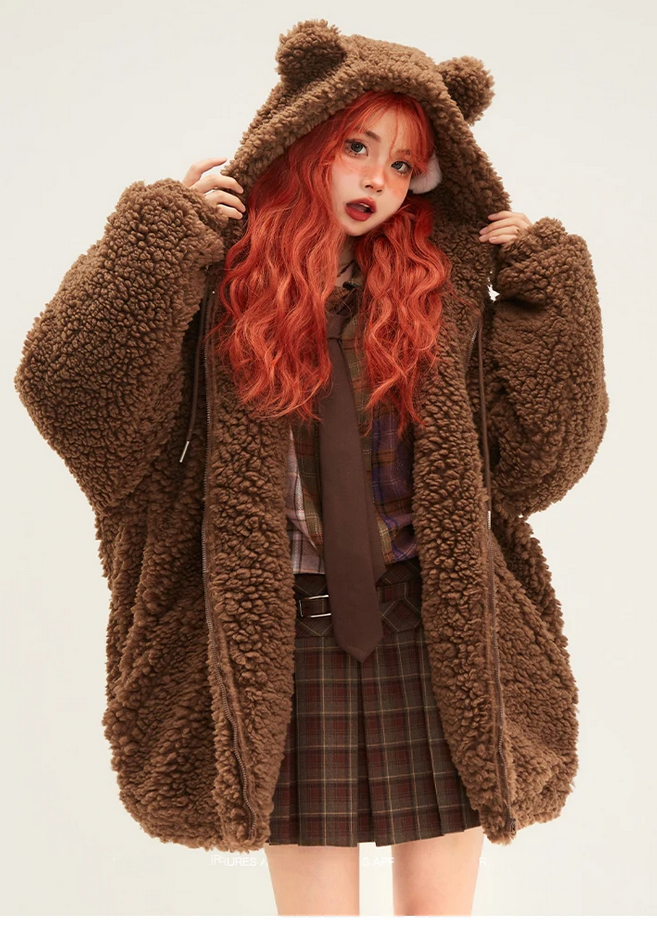 Oversized Sweet Cute Kawaii Brown Warm Fuzzy Faux Fur Bear Hoodie