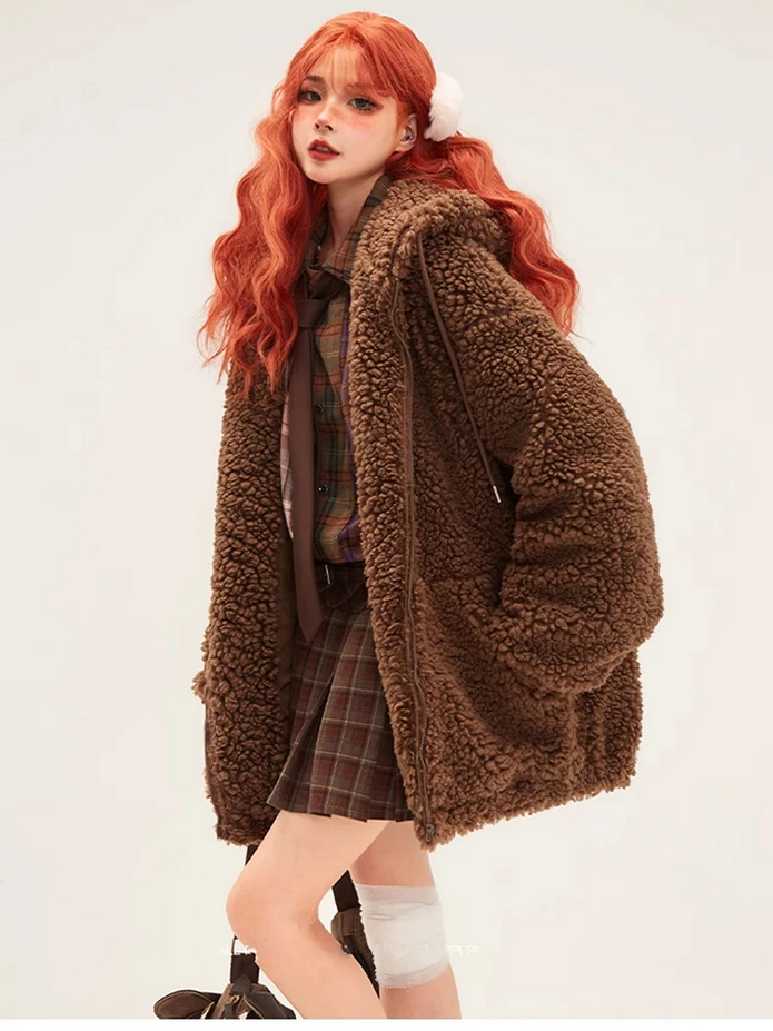Oversized Sweet Cute Kawaii Brown Warm Fuzzy Faux Fur Bear Hoodie