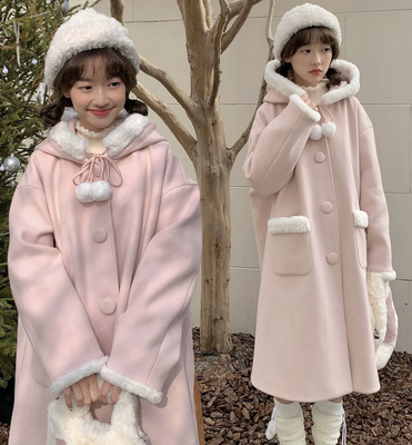 Pink Hooded Midlength Plush Women&#39;s Coat