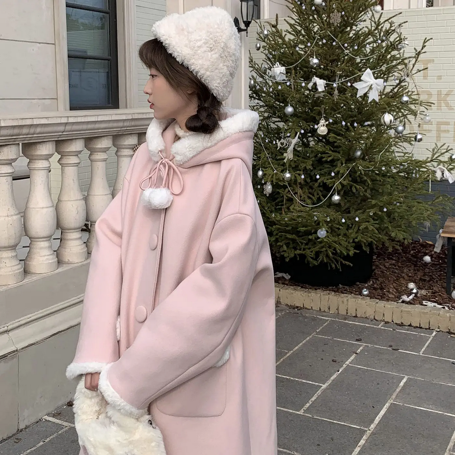 Pink Hooded Midlength Plush Women&#39;s Coat