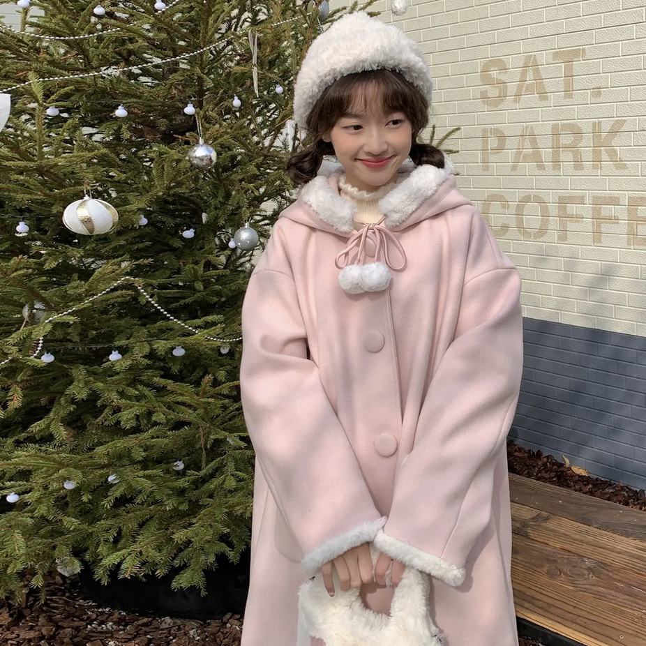 Pink Hooded Midlength Plush Women&#39;s Coat