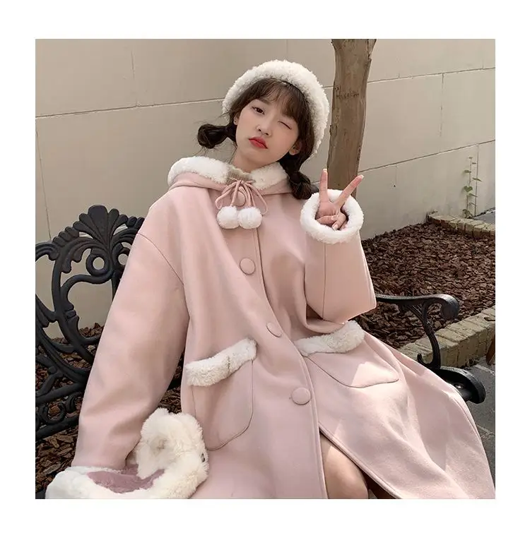 Pink Hooded Midlength Plush Women&#39;s Coat