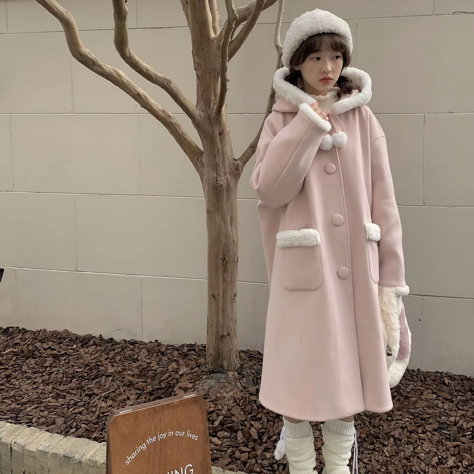 Pink Hooded Midlength Plush Women&#39;s Coat