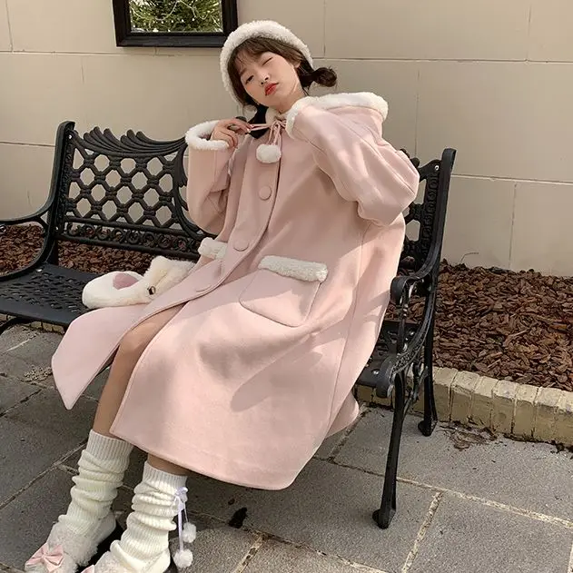 Pink Hooded Midlength Plush Women&#39;s Coat