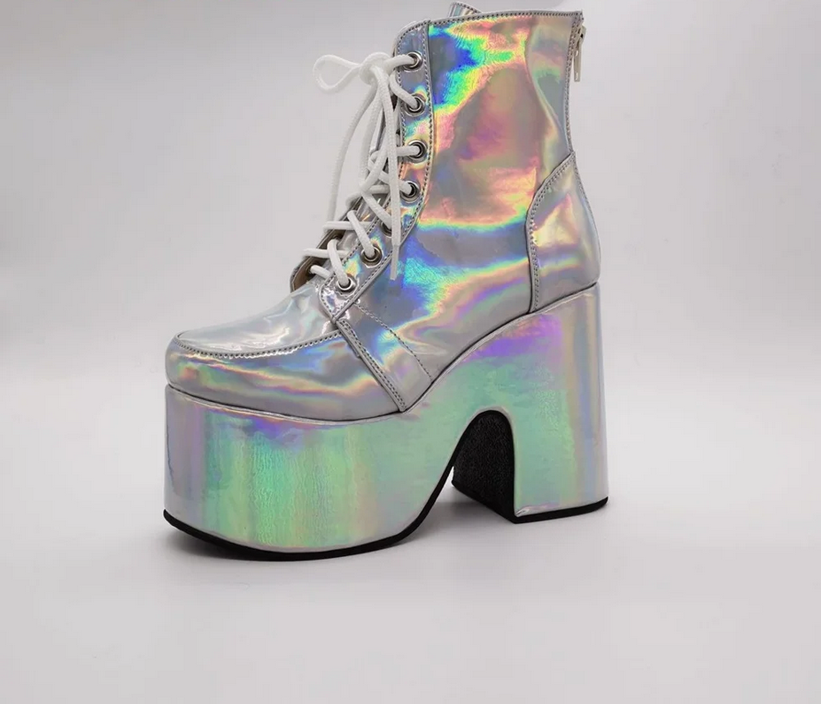 Laser Holographic Platform Round Toe Chunky Heel Boots