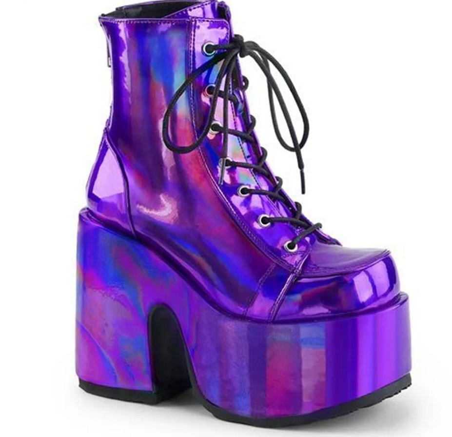 Laser Holographic Platform Round Toe Chunky Heel Boots